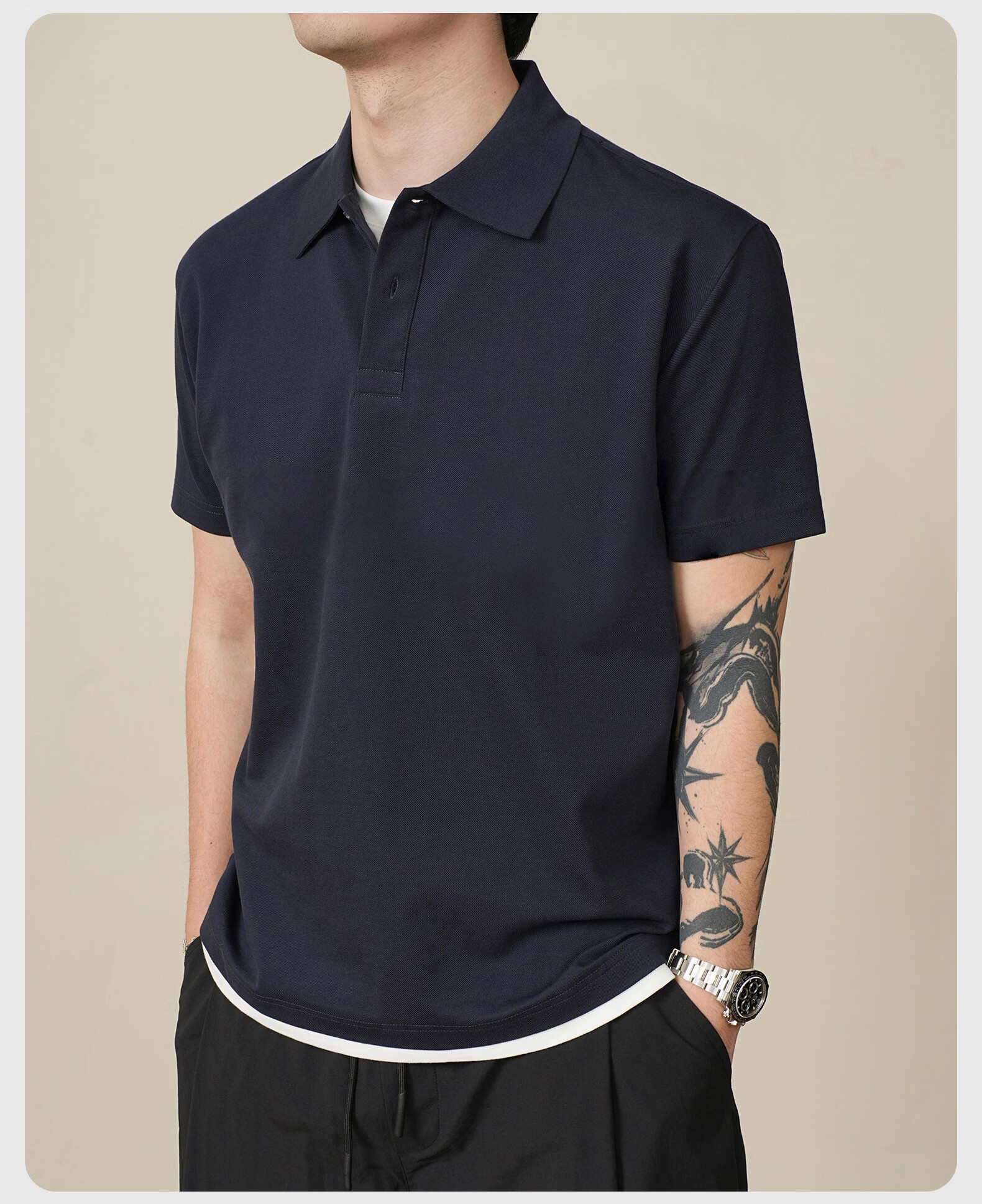 ROMON Pearl Cotton Two-Piece Short Sleeve Polo Shirt Men's Summer Casual Cool T-Shirt Navy Blue M 1