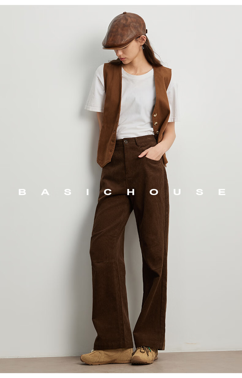 BASIC HOUSE/百家好美拉德显瘦秋季2024灯芯绒裤子直筒休闲裤女2024秋季显瘦灯芯绒裤子 咖色 L详情图片24