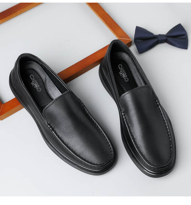 CARTELO First Layer Cowhide Men's Summer Loafers Breathable Slip-On Casual Leather Shoes KG22 Black Size 43 8