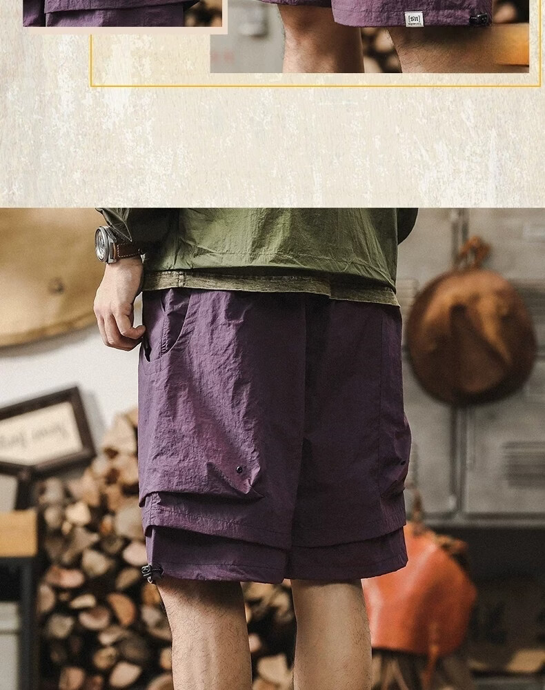 ROMON Men's Outdoor Functional Waterproof Quick-Dry Cargo Shorts Summer Cool Trendy Fake Two-Piece Mountain Casual Knee-Length Pants 20