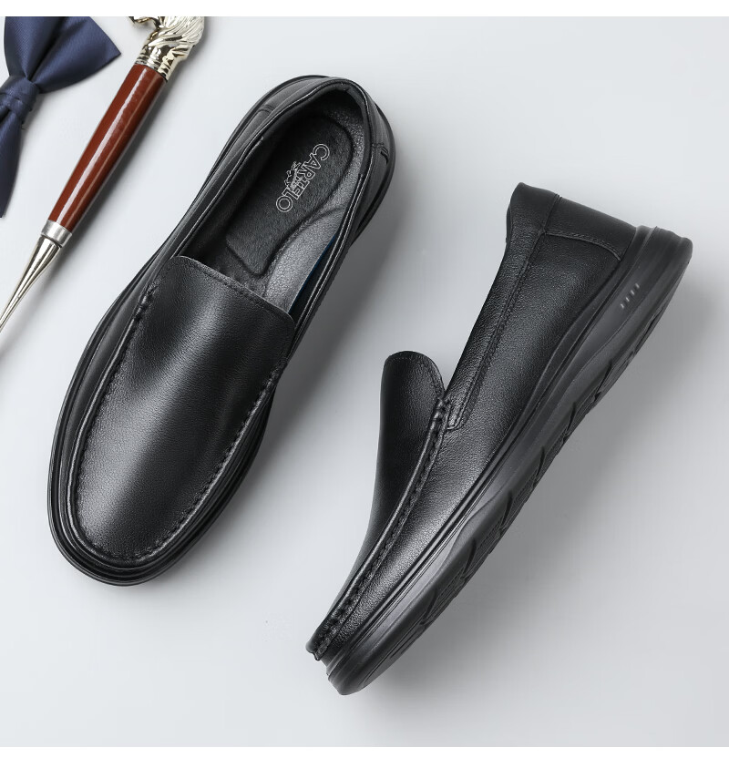 CARTELO First Layer Cowhide Men's Summer Loafers Breathable Slip-On Casual Leather Shoes KG22 Black Size 43 7