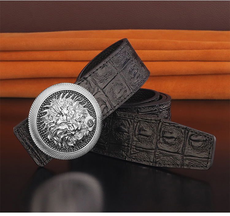 狮子会狮子头皮带男大头霸气头层牛皮腰带男平滑扣内穿圆头 白皮金扣