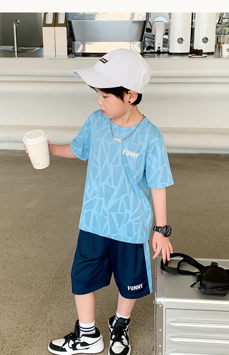 Zuoxi Boys' Summer Outfit Set, 2026 New Style Children's Short-Sleeve Set, Quick-Dry Sports Two-Piece Suit for Summer, Blue, Size 160 39