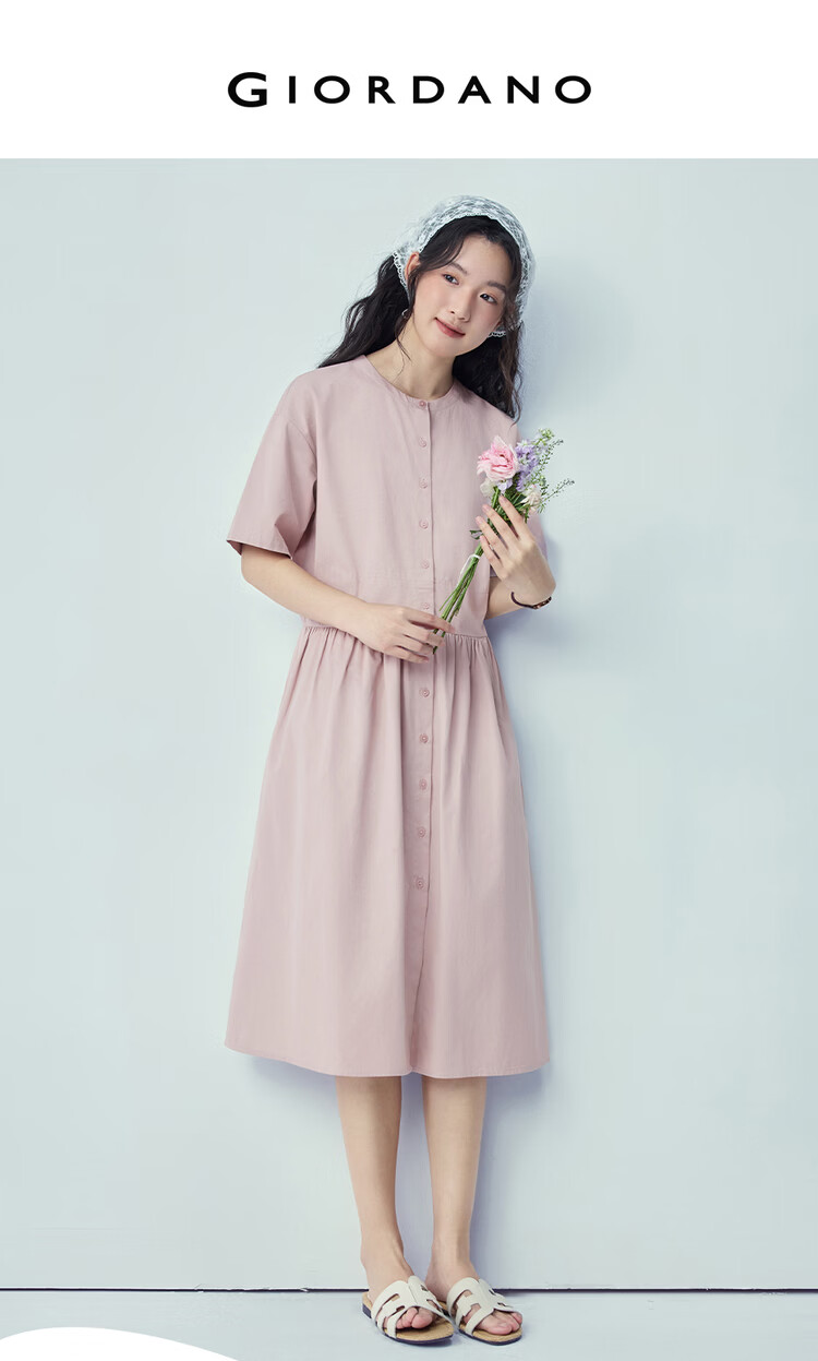 Giordano Women's Short Sleeve Dress 2026 Summer Pure Cotton Solid Color Patchwork Pleated Round Neck Dress 13466230 3