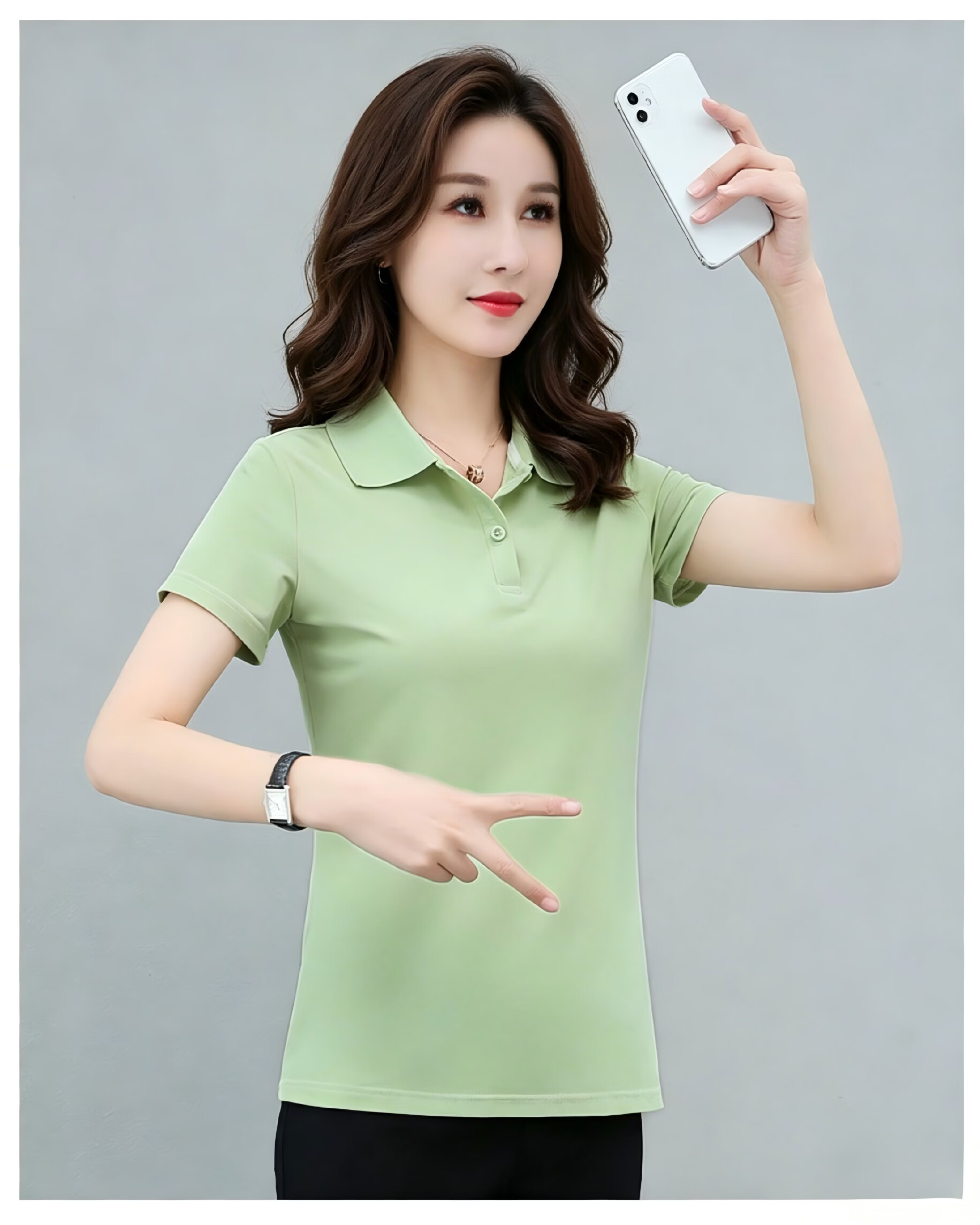 AEMAPE Ice Silk Solid Color Short Sleeve T-Shirt Women 2026 Summer New Fashionable Polo Shirt Casual Versatile Collared Top 21