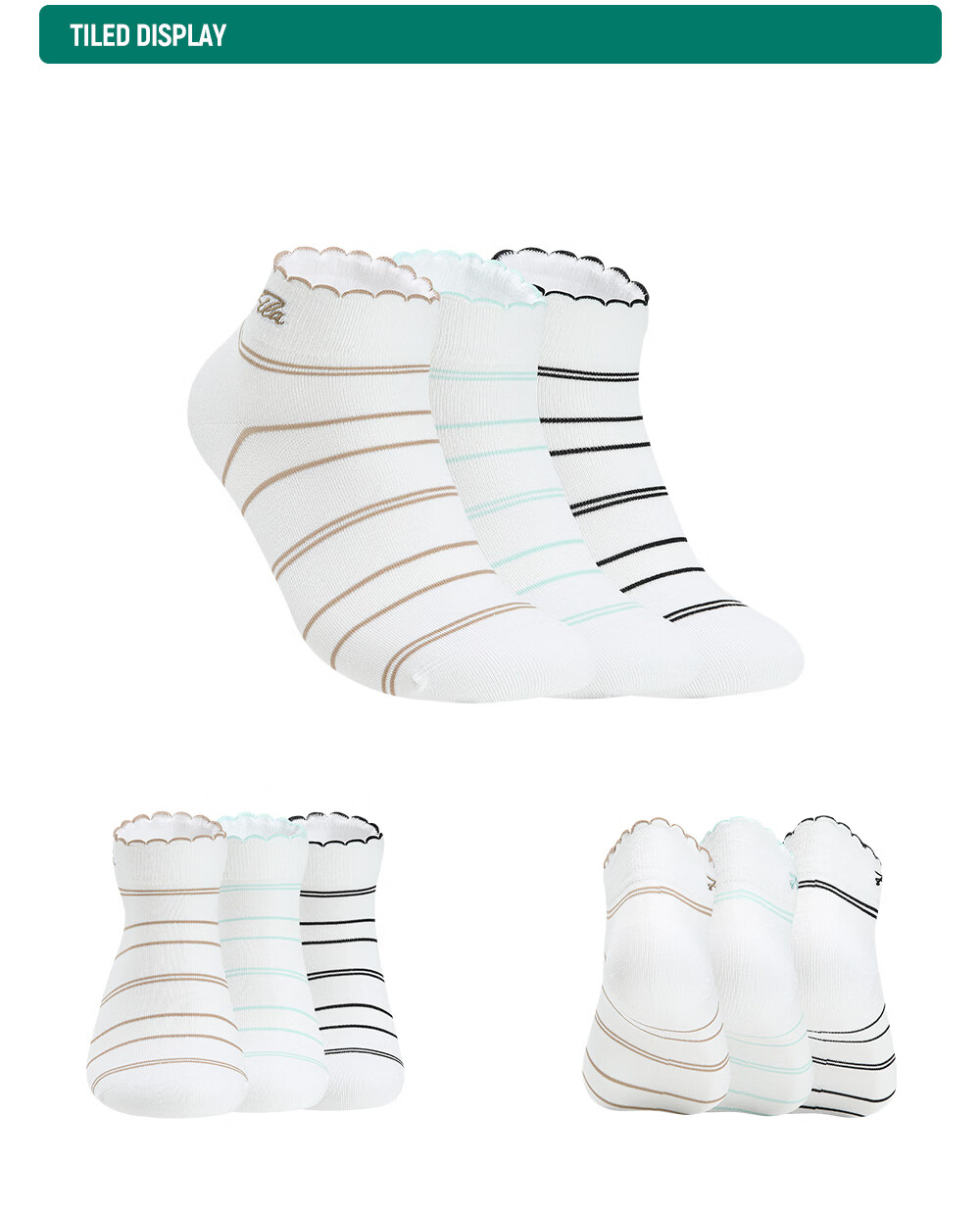 FILA Official Women's New Low-Cut Sock Set Golf Sports Socks Comfortable Striped Socks 3 Pairs Pack 4