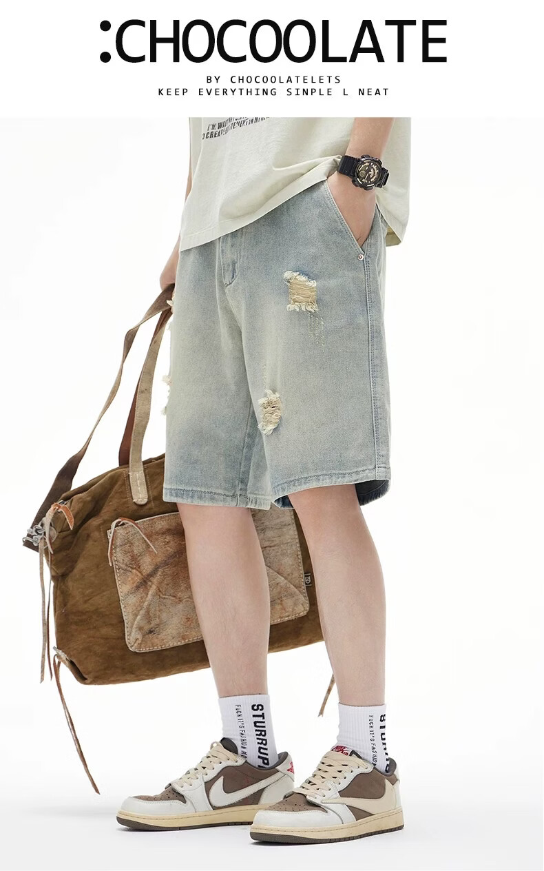 JEEP SPIRIT Men's Trendy Ripped Denim Shorts Vintage Washed American Style Casual Five-Point Pants 2