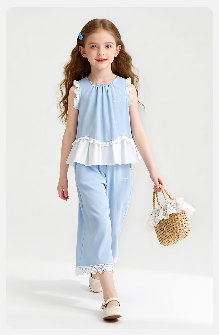 Disney Girls' Sleeveless Ruffle Edge Set Summer Ruffled Wide-Leg Pants Two-Piece Spliced Vest Blue 140 12