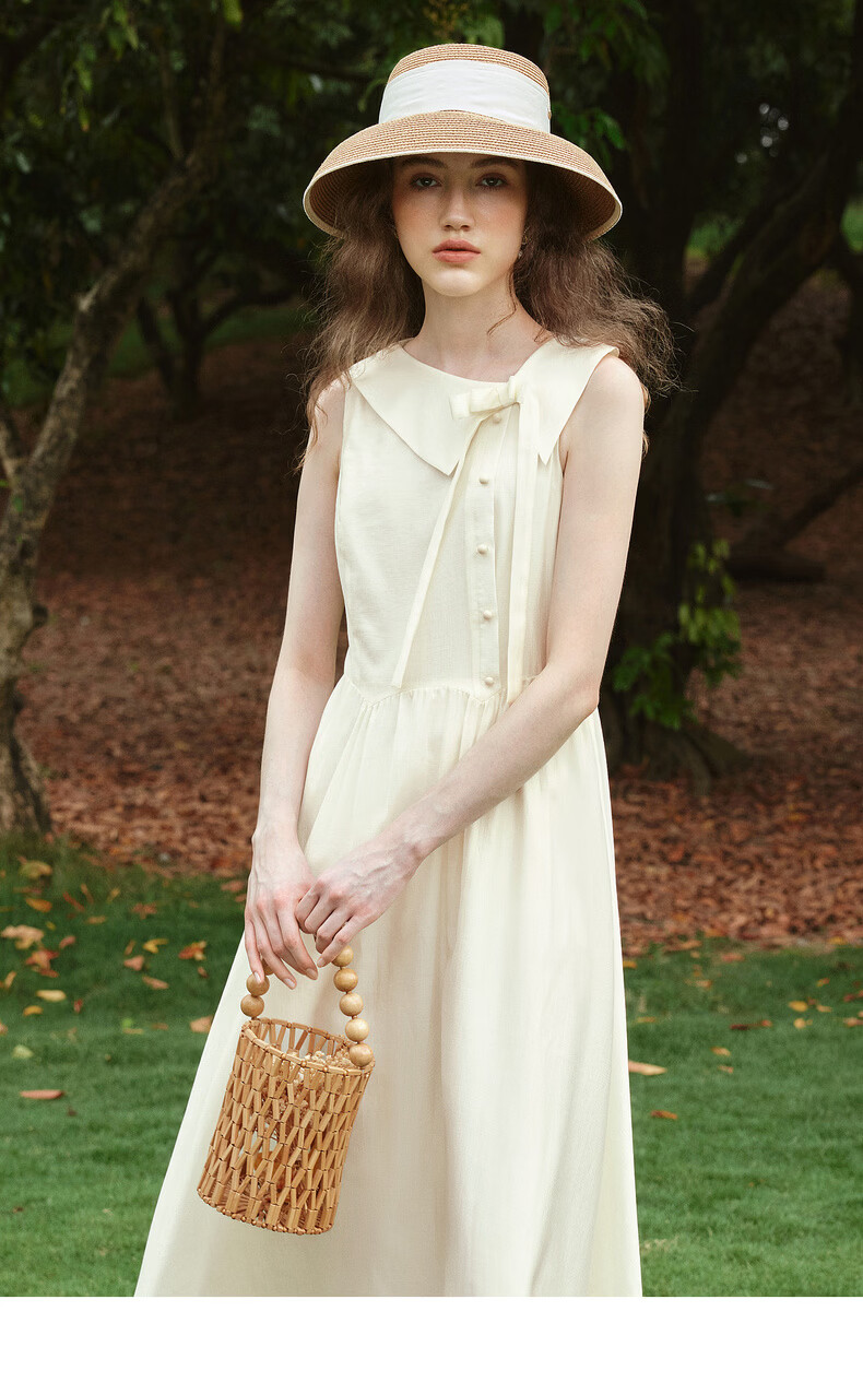 Olrain Eurielle Summer Women's Tencel Cotton Dress Lapel Waist Slimming Elegant Sleeveless Mid-Length Dress Apricot S 10
