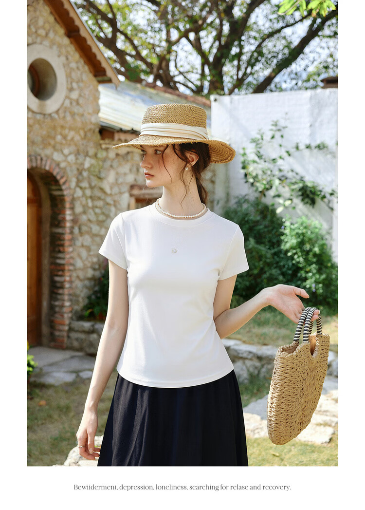 Olrain Eurielle New Summer Slim Fit Waist Round Neck Casual Cotton Knit Short Sleeve T-Shirt for Women Gray M 11