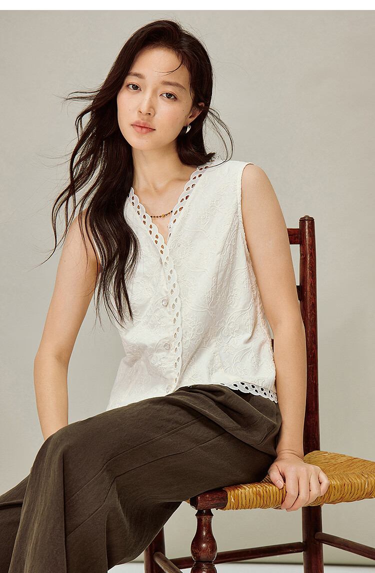INMAN Embossed Embroidery V-Neck Short Sleeve Lace Blouse 26 Spring New Hollow Out Lace Top Beige L 13