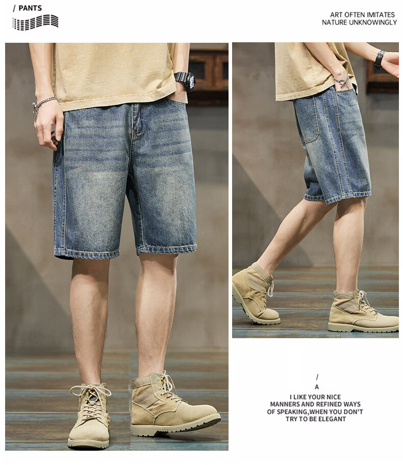 ROMON Summer 2026 New Retro American Style Men's Loose Straight-Leg Denim Shorts Blue 31 10