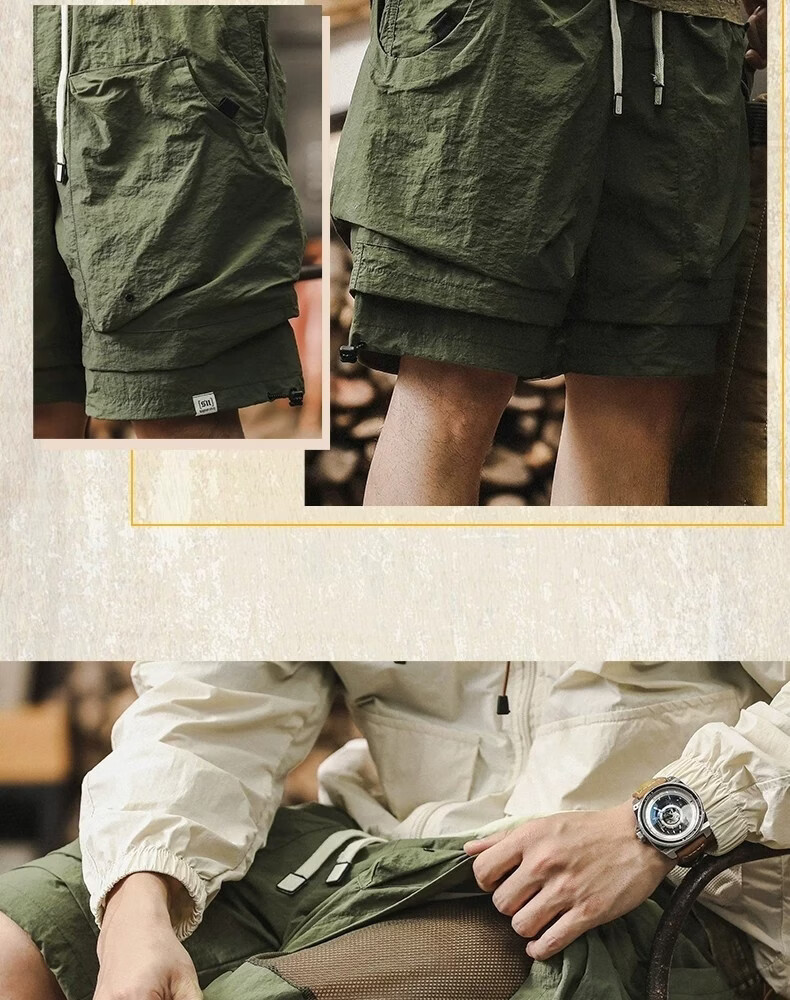 ROMON Men's Outdoor Functional Waterproof Quick-Dry Cargo Shorts Summer Cool Trendy Fake Two-Piece Mountain Casual Knee-Length Pants 12