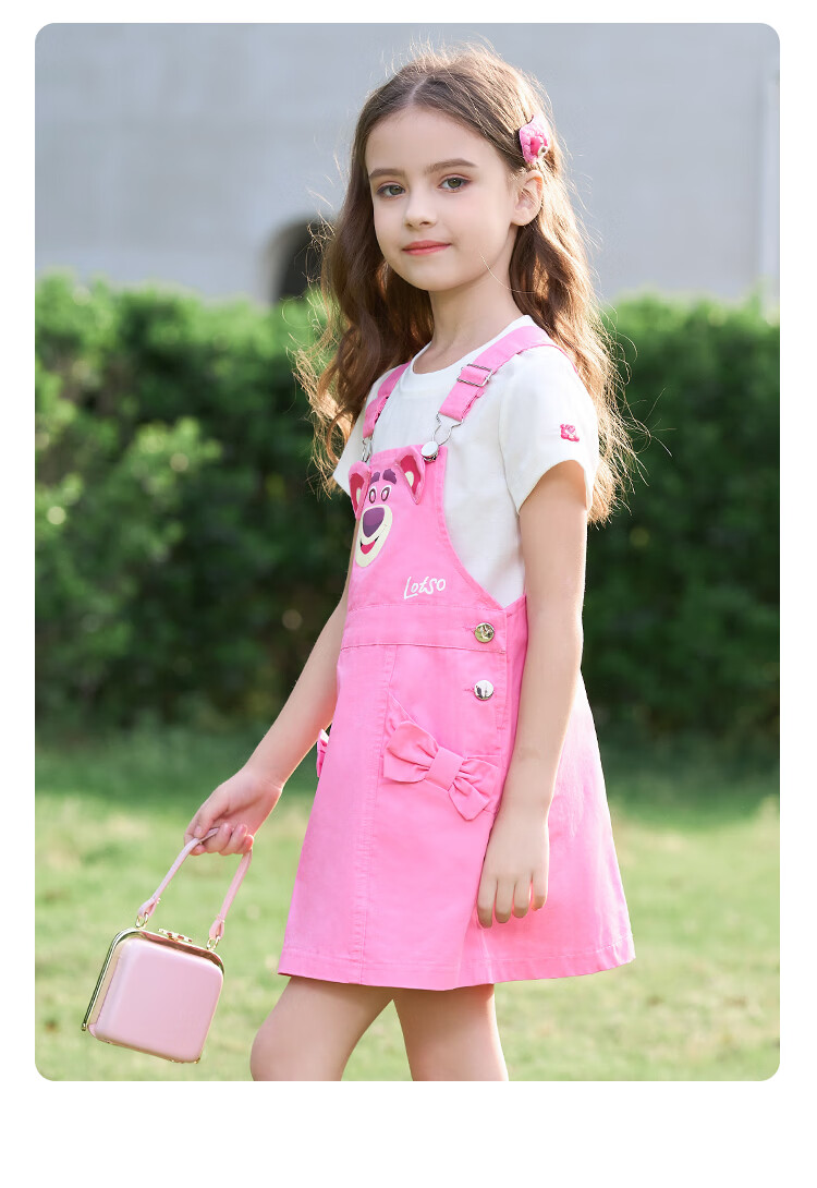Disney Kids Girls Summer Outfit 2026 New Short Sleeve Strawberry Bear Suspender Dress Two-Piece Set for Older Children 15