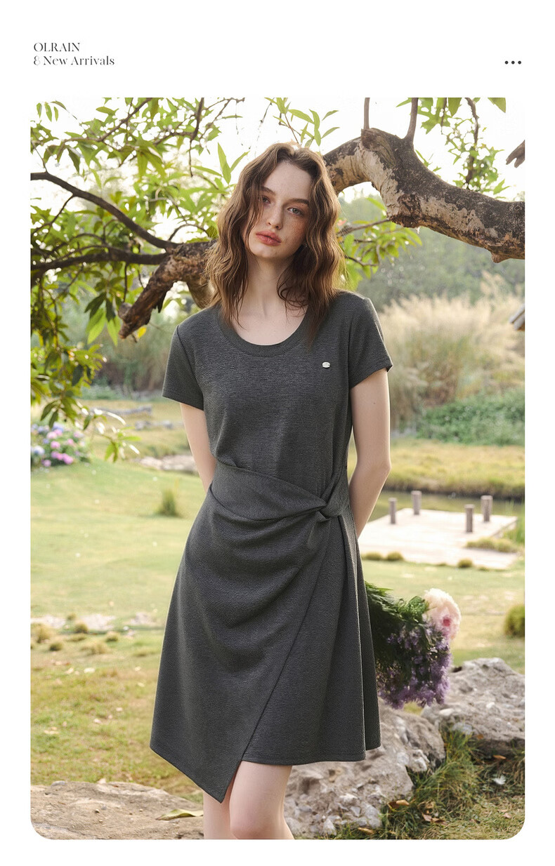 Olrain Knot Waist Slimming Dress Women's Summer Round Neck Fashion Versatile Short Sleeve Dress Gray M 2