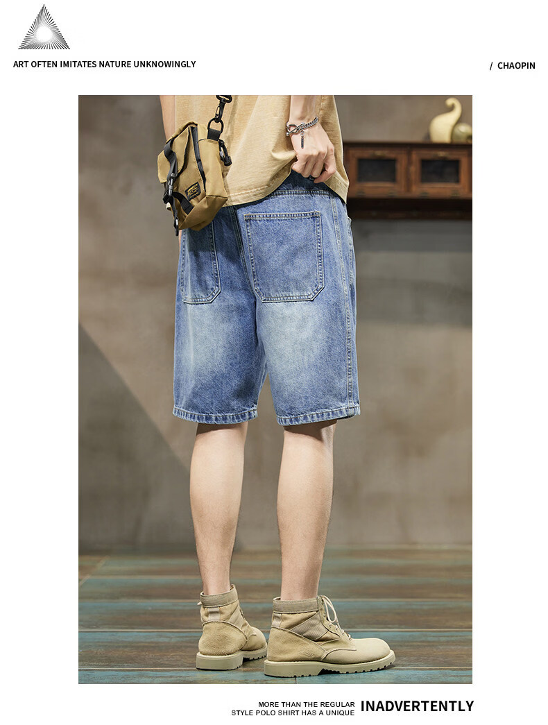 ROMON Summer 2026 New Retro American Style Men's Loose Straight-Leg Denim Shorts Blue 31 12