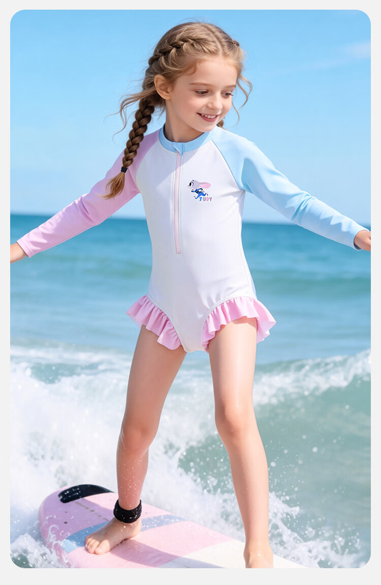 Disney Girls' Judy Sun Protection One-Piece Swimsuit Summer Long Sleeve Ruffle Swimwear Pink Blue 140 9