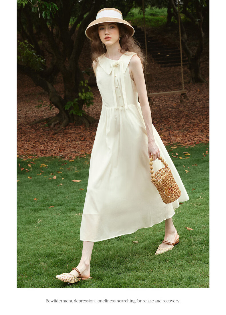 Olrain Eurielle Summer Women's Tencel Cotton Dress Lapel Waist Slimming Elegant Sleeveless Mid-Length Dress Apricot S 11