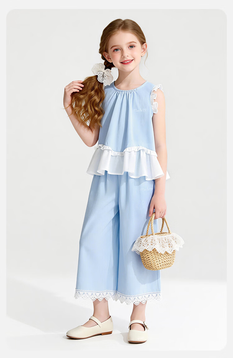 Disney Girls' Sleeveless Ruffle Edge Set Summer Ruffled Wide-Leg Pants Two-Piece Spliced Vest Blue 140 13