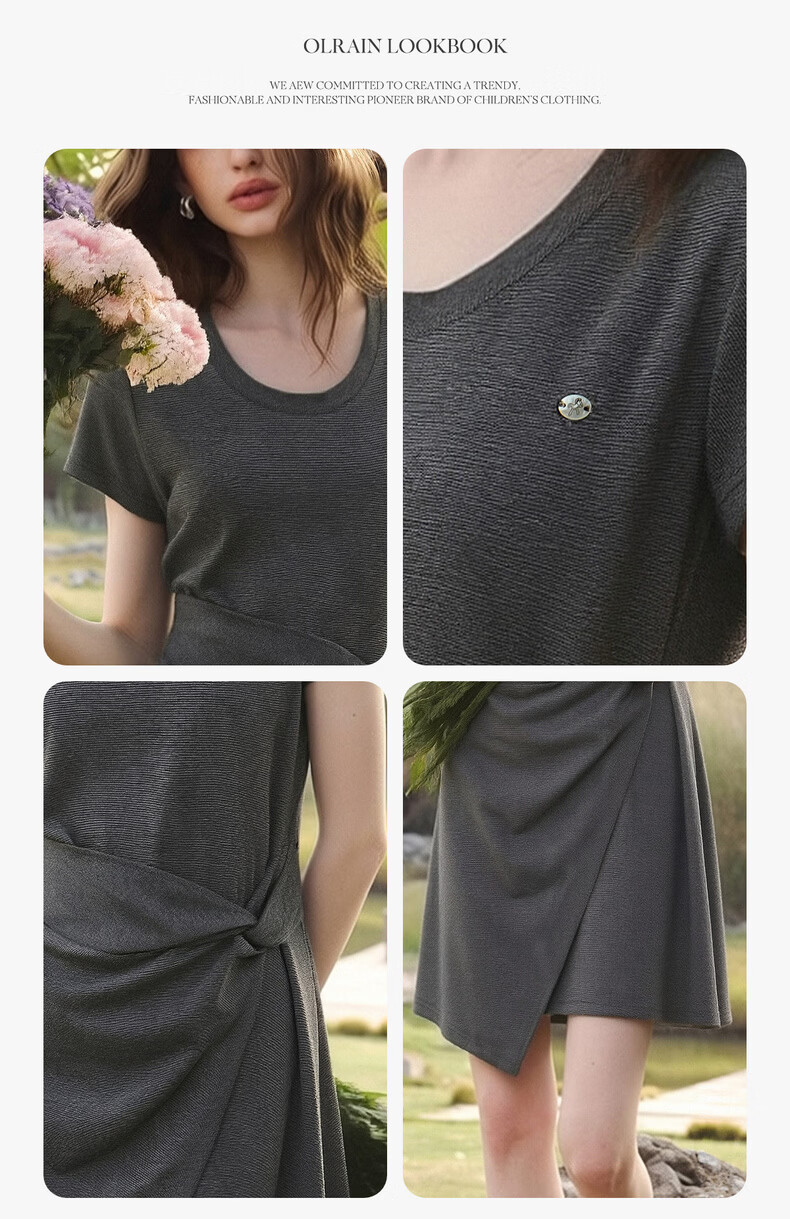 Olrain Knot Waist Slimming Dress Women's Summer Round Neck Fashion Versatile Short Sleeve Dress Gray M 6