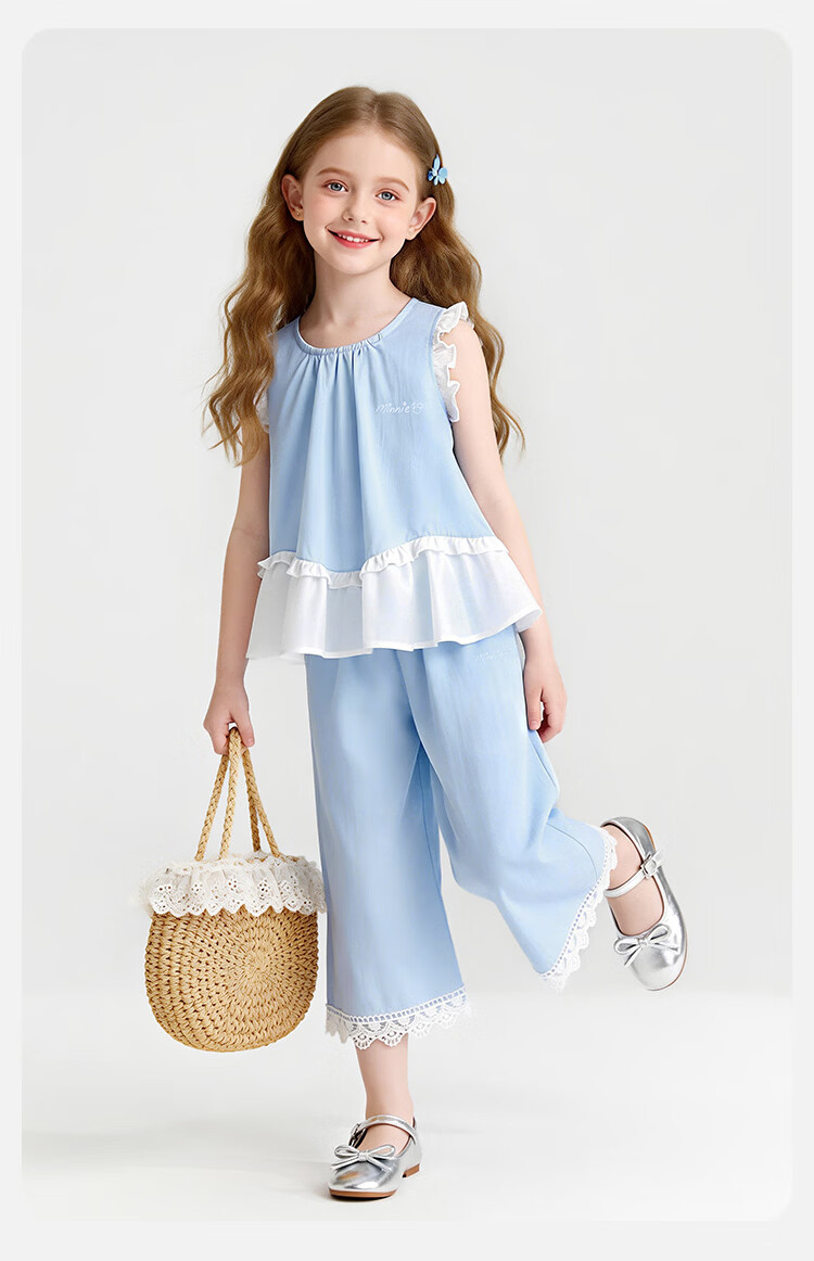 Disney Girls' Sleeveless Ruffle Edge Set Summer Ruffled Wide-Leg Pants Two-Piece Spliced Vest Blue 140 14