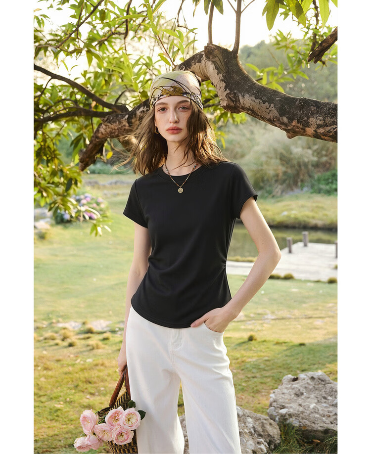 Olrain Eurielle New Summer Slim Fit Waist Round Neck Casual Cotton Knit Short Sleeve T-Shirt for Women Gray M 13