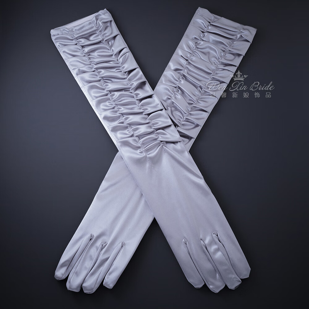礼服网纱手套粉色长款褶皱包指手套新娘婚纱礼服配件结婚婚礼舞台派对