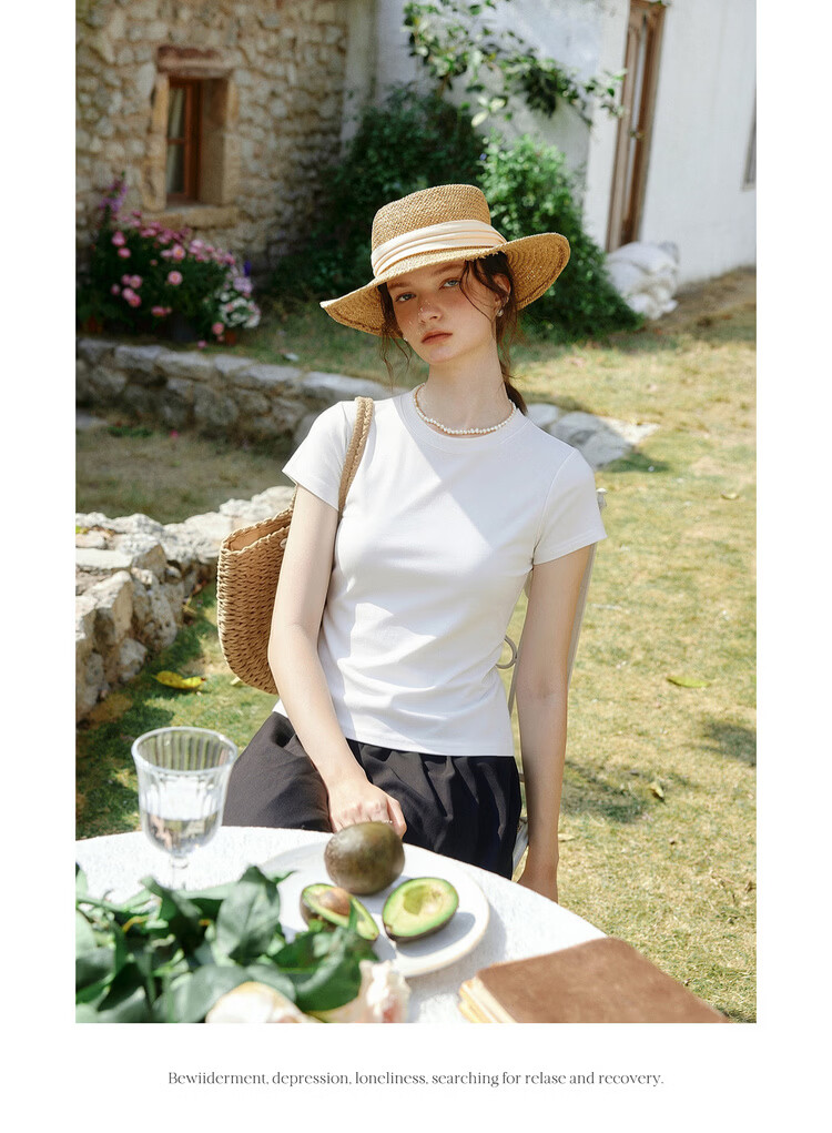 Olrain Eurielle New Summer Slim Fit Waist Round Neck Casual Cotton Knit Short Sleeve T-Shirt for Women Gray M 14