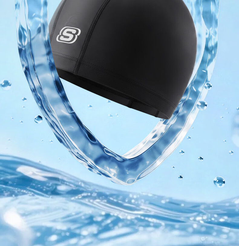Skechers Swim Cap Unisex Long Hair Fashion Comfortable Fabric Ear Protection Non-Tight Non-Sticky Hair Swim Cap - Glossy Black 16