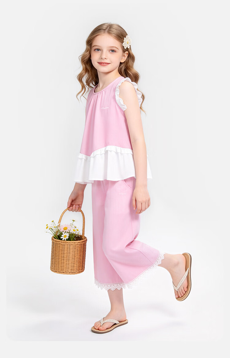 Disney Girls' Sleeveless Ruffle Edge Set Summer Ruffled Wide-Leg Pants Two-Piece Spliced Vest Blue 140 16