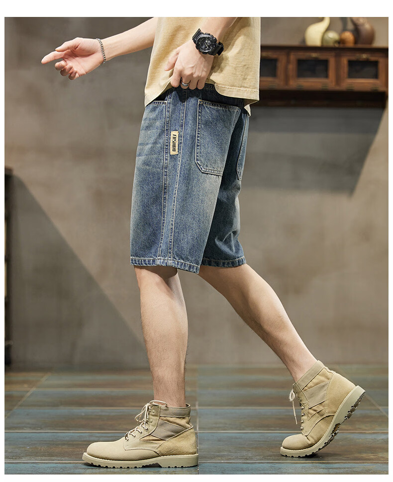 ROMON Summer 2026 New Retro American Style Men's Loose Straight-Leg Denim Shorts Blue 31 9