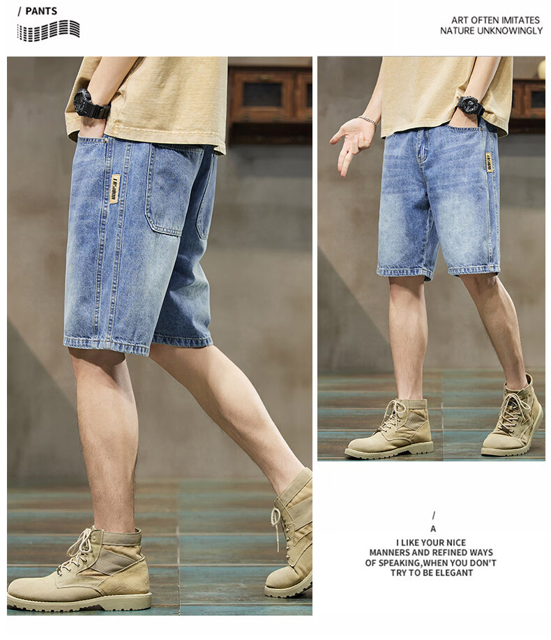ROMON Summer 2026 New Retro American Style Men's Loose Straight-Leg Denim Shorts Blue 31 14