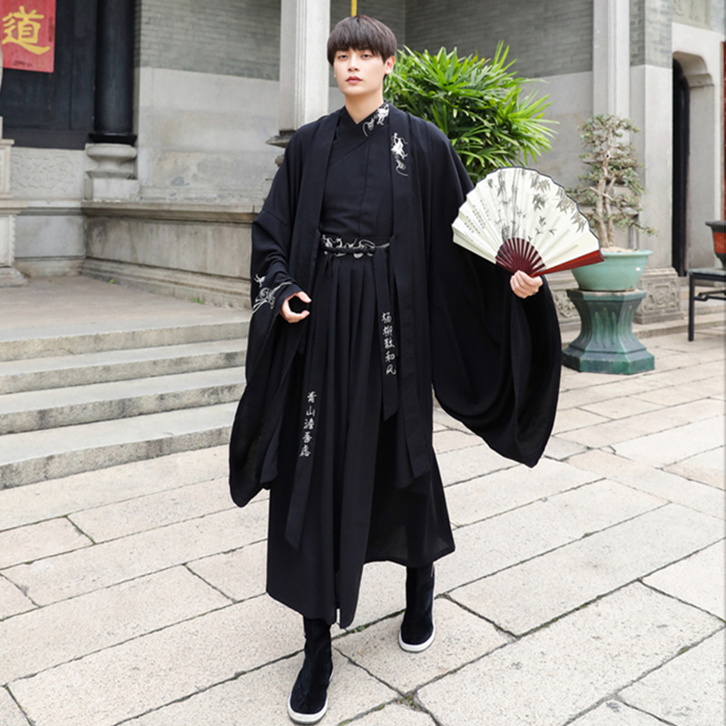 南极人品牌男装 黑色汉服男生学生魏晋风龙袍古风男士仙气公子青少年