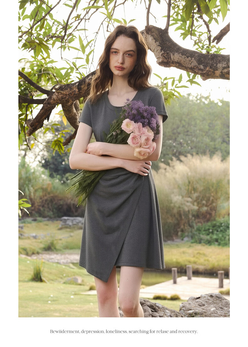 Olrain Knot Waist Slimming Dress Women's Summer Round Neck Fashion Versatile Short Sleeve Dress Gray M 11