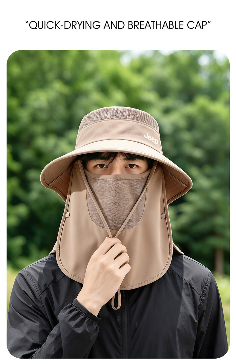 JEEP Men's Summer Sun Protection Face Mask Outdoor Fishing UV Protection Wide Brim Sunshade Bucket Hat 11