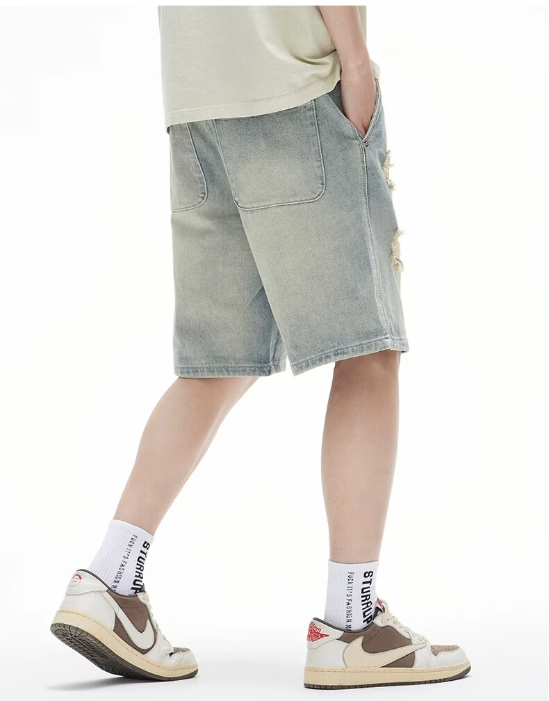 JEEP SPIRIT Men's Trendy Ripped Denim Shorts Vintage Washed American Style Casual Five-Point Pants 14