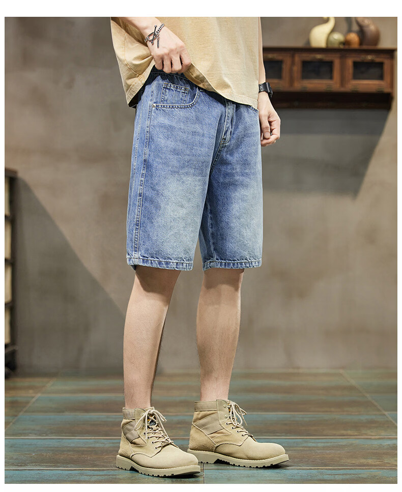 ROMON Summer 2026 New Retro American Style Men's Loose Straight-Leg Denim Shorts Blue 31 13