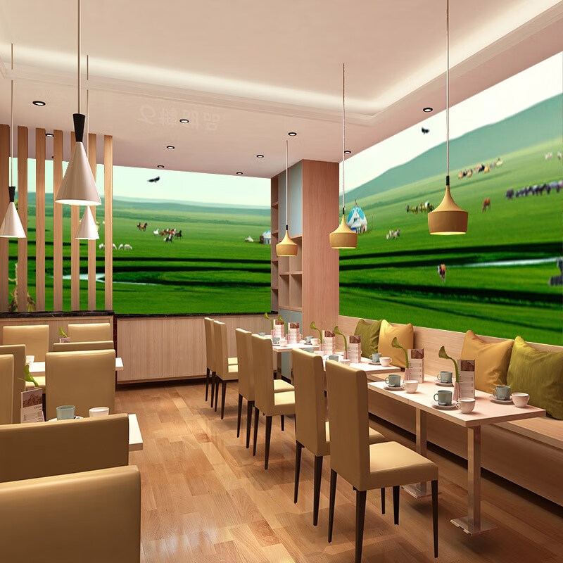 定制呼伦贝尔大草原壁纸蒙古特色餐厅大型壁画牛羊肉火锅店烧烤背景墙