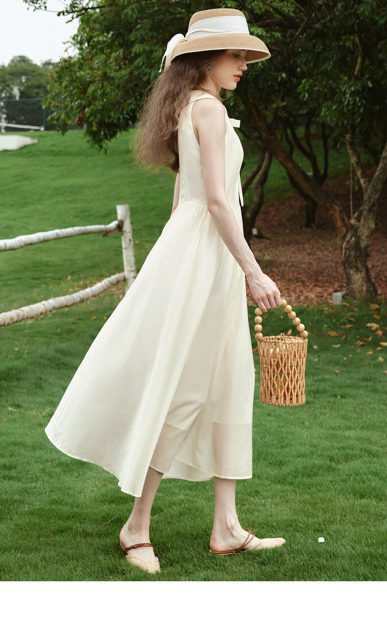 Olrain Eurielle Summer Women's Tencel Cotton Dress Lapel Waist Slimming Elegant Sleeveless Mid-Length Dress Apricot S 12