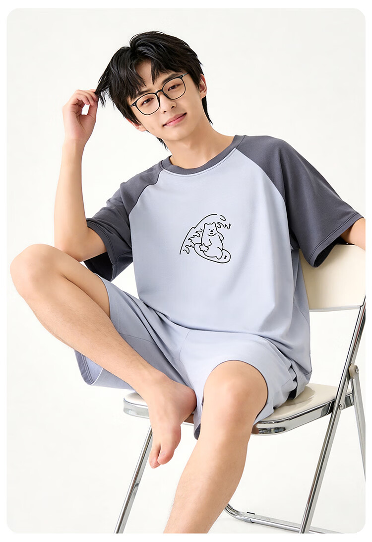 Bingxue Kapok Boys' Summer Modal Pajama Set Breathable Cooling Short Sleeve Shorts for Teenagers and Overweight Kids 29