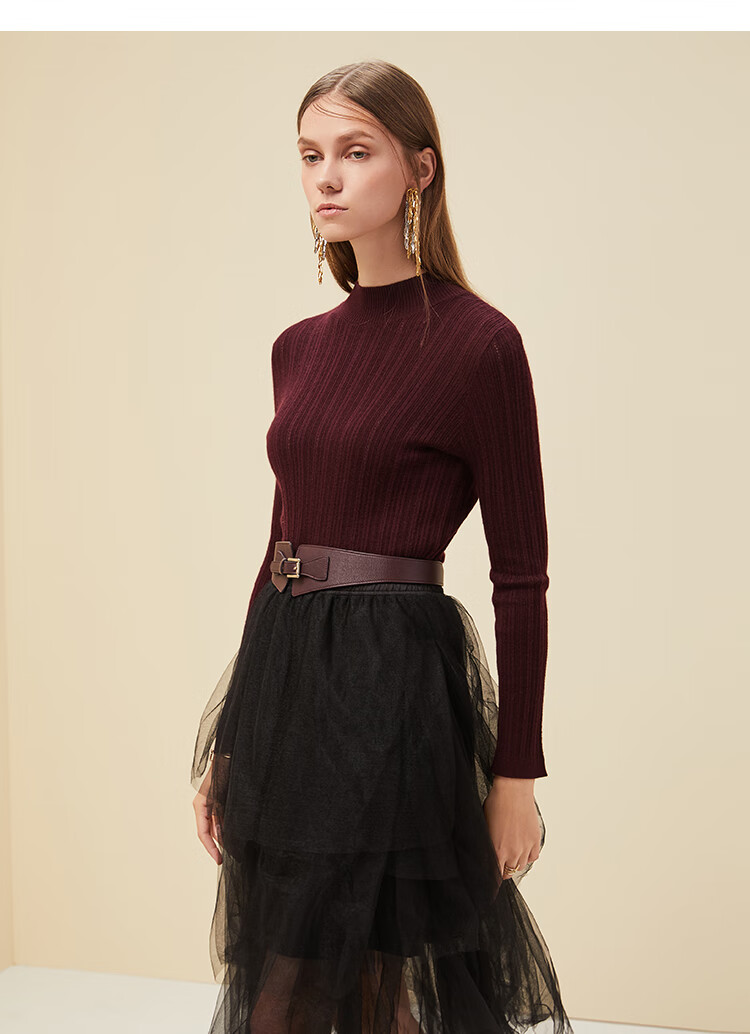 珍贝女装2019早秋新款羊绒衫薄款半高领修身纯色长袖上衣tm6031 肤色