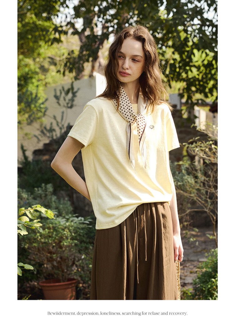 Olrain Simple Casual Embroidered Short Sleeve T-Shirt Women Summer New Loose Versatile Slim Top Yellow XL 17
