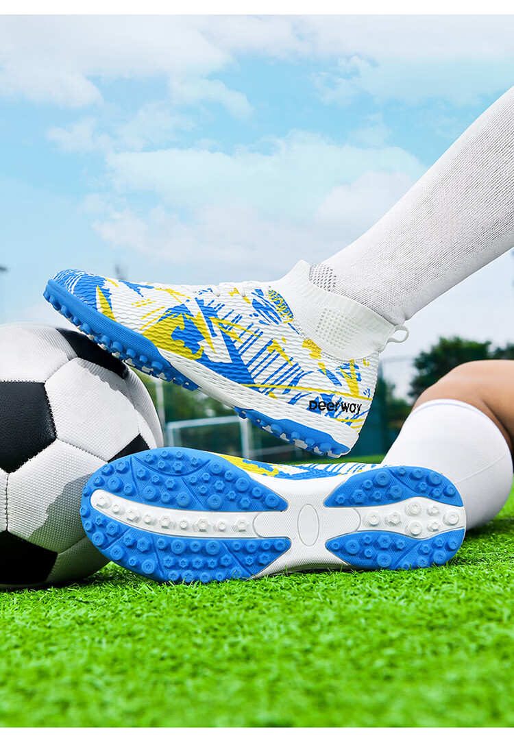 DEERWAY TF Turf Soccer Shoes Men Adult High-Top Ankle Support Youth Big Kids Competition Training Shoes White Moon Size 35 18