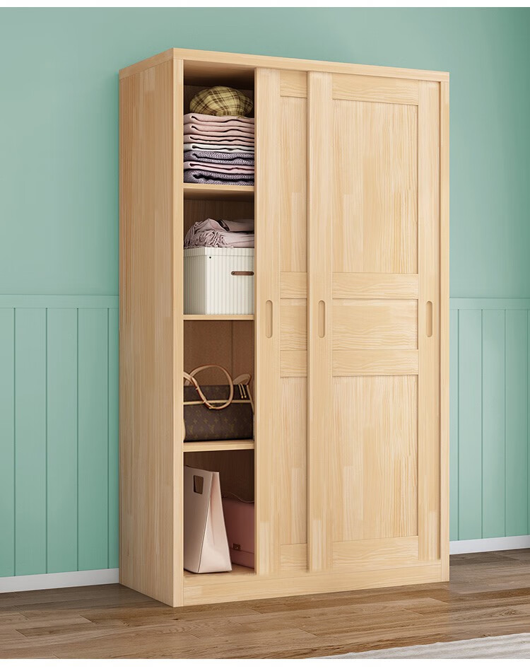 广东佛山实木衣柜 全实木衣柜家用卧室柜松木结实耐用推拉门原木简易