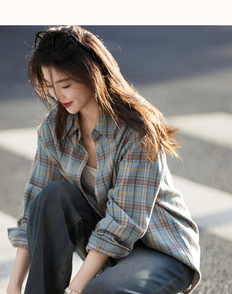 Demana Spring Autumn Breathable Pure Cotton Vintage Plaid Shirt Comfortable Slimming Blouse Women's Dark Blue L 19