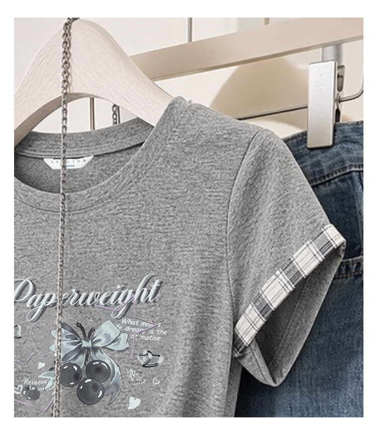 TonLion 2026 Summer New Slim Fit Gray Patchwork Short Sleeve T-Shirt for Women Stylish Casual Designer Niche Top 2