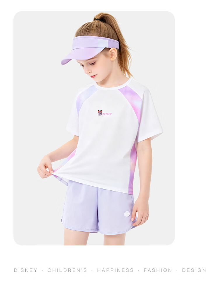 Disney Girls Short Sleeve 2026 Summer New Children's Sports T-Shirt Girls Ice Silk Color Block Quick-Dry Top White 160 16