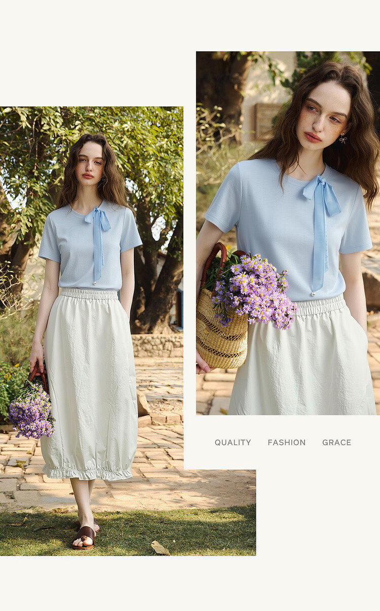 Olrain Detachable Ribbon French Style Short Sleeve T-Shirt Women Summer New Shoulder Round Neck Top Beige M 11