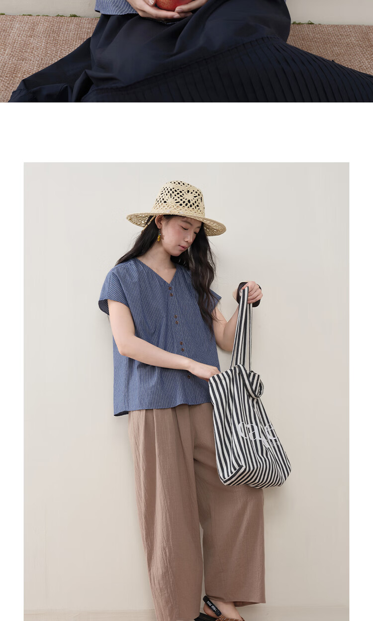 Giordano Designer Women's Summer New Cotton Linen Tie-Striped V-Neck Short Sleeve Shirt 18346311 14