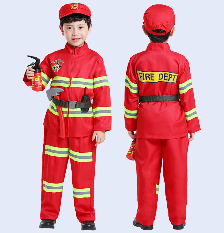 角色扮演衣服幼儿园亲子消防员表演服 红色长袖上衣 裤子 腰带送口哨